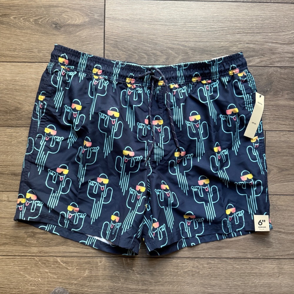 No Boundaries Mens Navy Blue Cactus Print Swim Trunks Size L 36-38 NWT - Picture 1 of 7